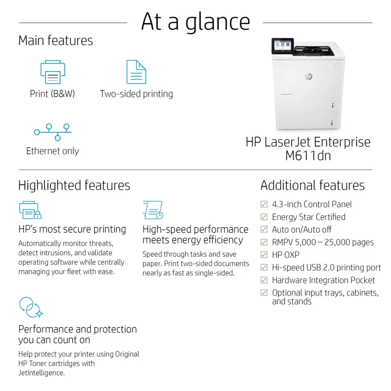 HP LaserJet Enterprise M611dn – lazerinis spausdintuvas, A4, 1200x1200 DPI, 61 ppm, dvipusis spausdinimas, tinklo paruoštas