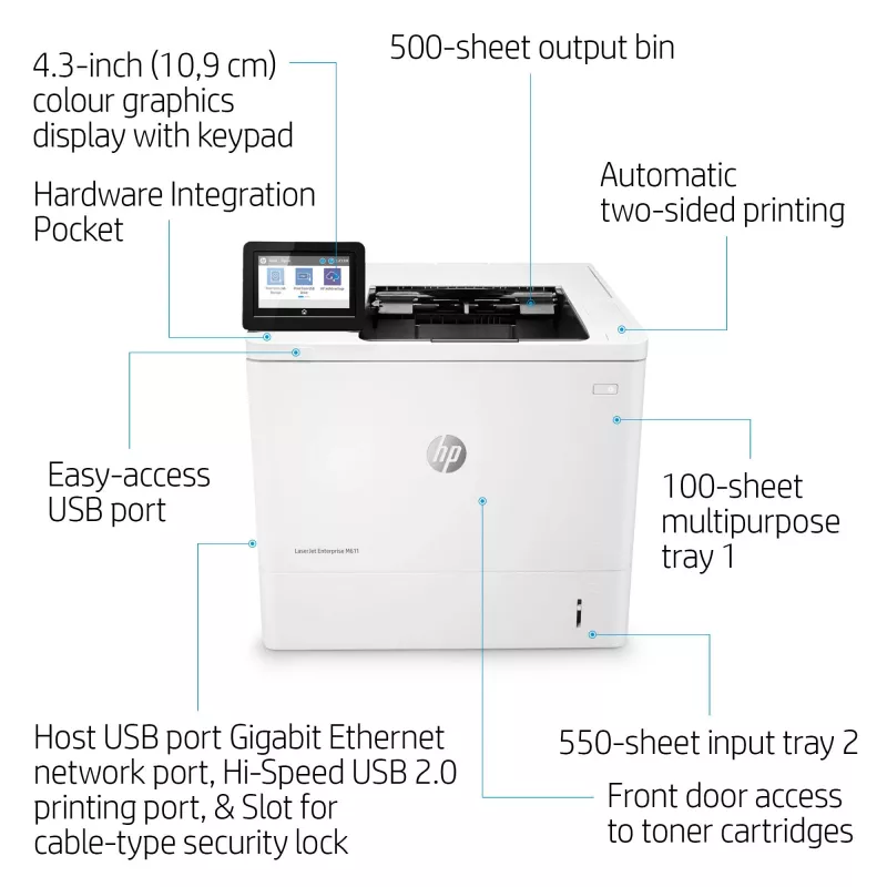 HP LaserJet Enterprise M611dn – lazerinis spausdintuvas, A4, 1200x1200 DPI, 61 ppm, dvipusis spausdinimas, tinklo paruoštas