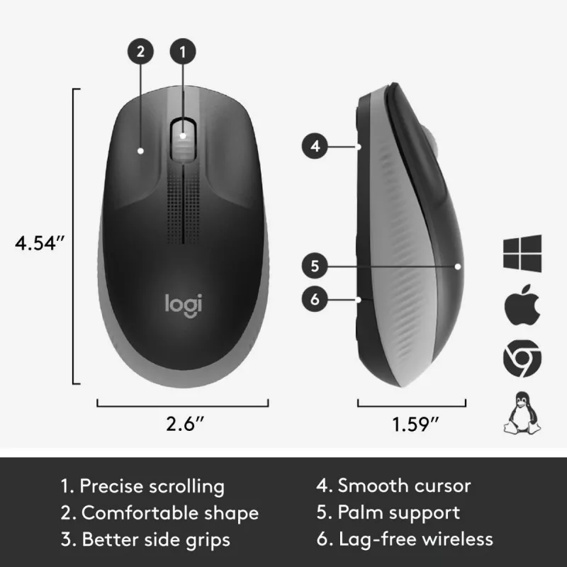 LOGITECH M190 pilno dydžio belaidė pelė, vidutinė pilka
