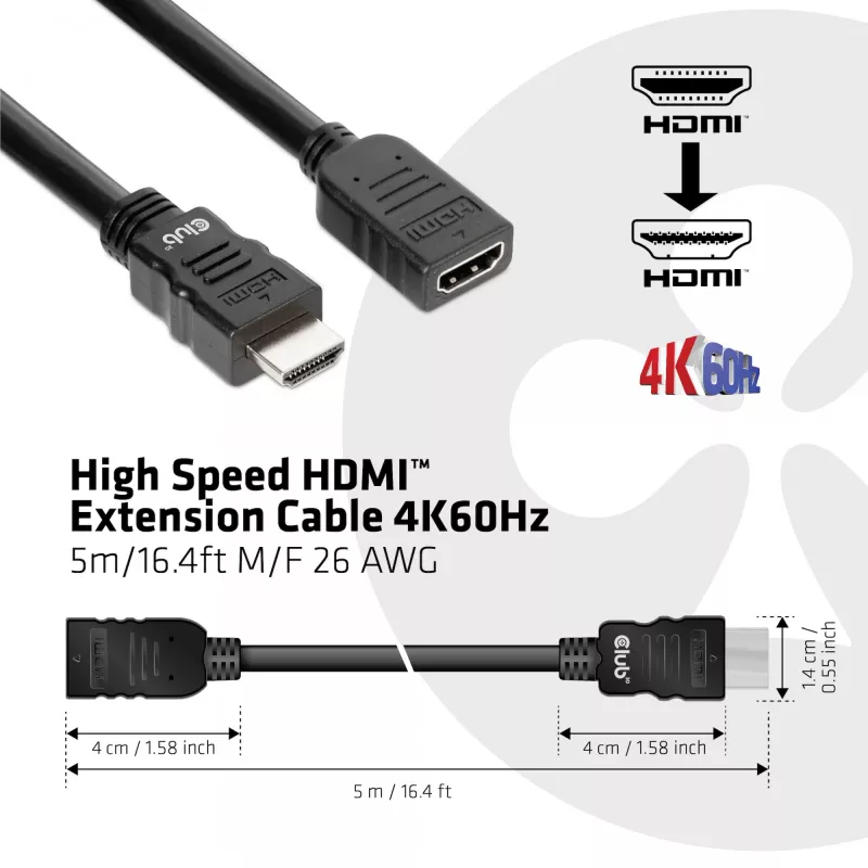 CLUB3D High Speed HDMI™ prailginimo kabelis 4K60Hz M/F 5m/16.4ft 26 AWG