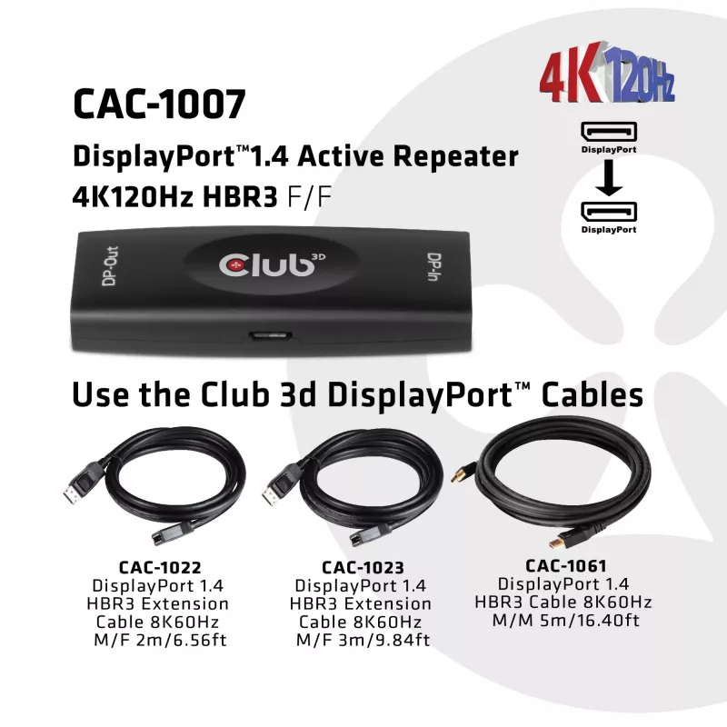 DisplayPort aktyvus kartotuvas CLUB3D CAC-1007 4K120Hz HBR3
