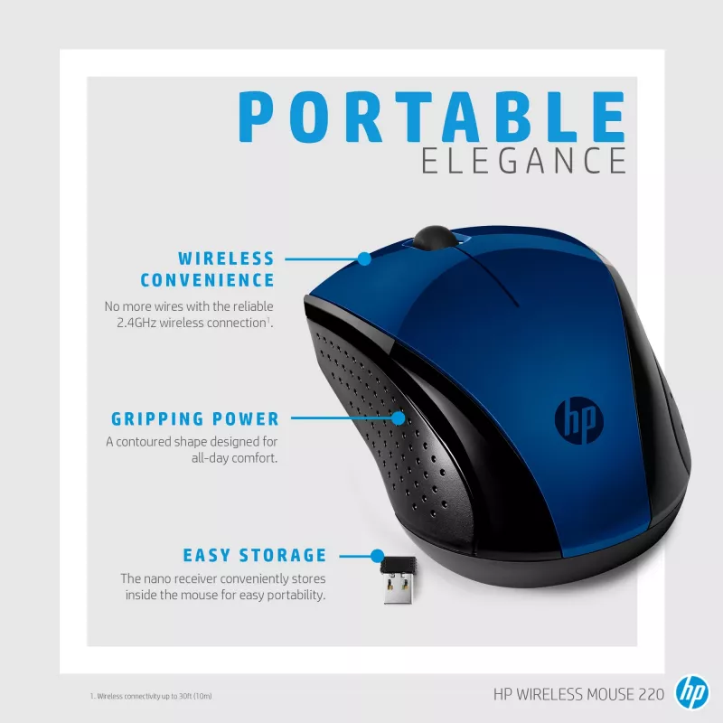 HP Wireless Mouse 220 (Lumiere Blue), ambidekstrinė, belaidė RF, mėlyna