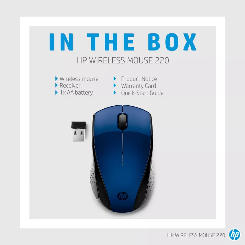 HP Wireless Mouse 220 (Lumiere Blue), ambidekstrinė, belaidė RF, mėlyna