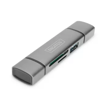 DIGITUS DA-70886 Kortelių skaitytuvas su USB šakotuvu (USB-C + USB 3.0) 1x SD, 1x MicroSD, 1x USB 3.0, pilka
