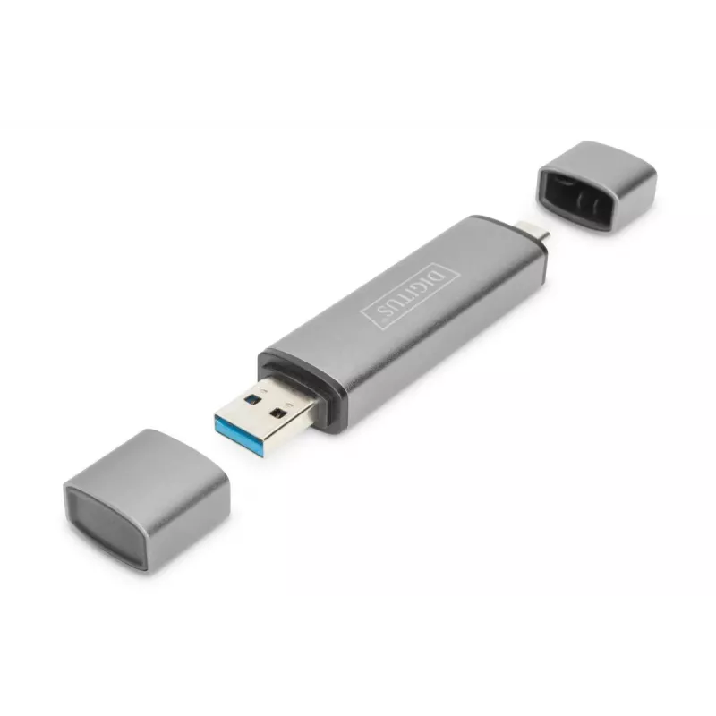 DIGITUS DA-70886 Kortelių skaitytuvas su USB šakotuvu (USB-C + USB 3.0) 1x SD, 1x MicroSD, 1x USB 3.0, pilka