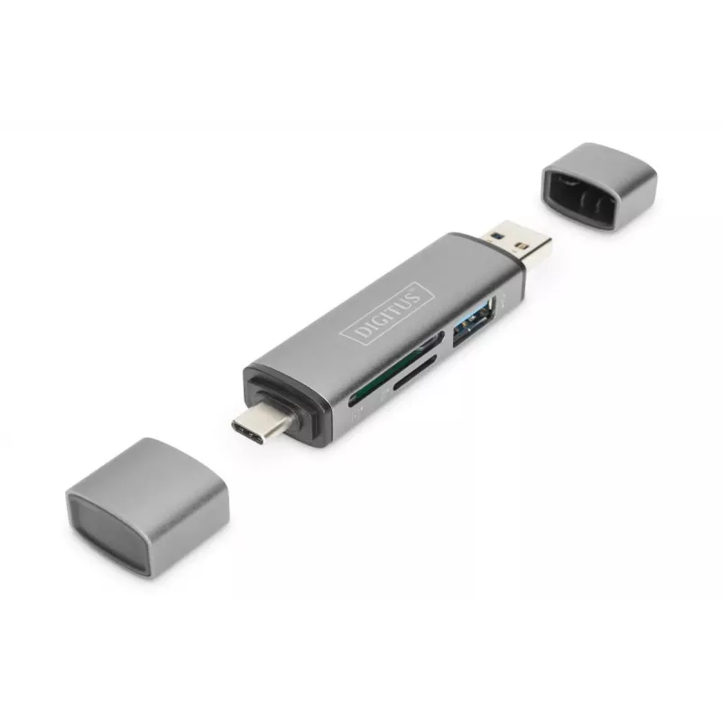 DIGITUS DA-70886 Kortelių skaitytuvas su USB šakotuvu (USB-C + USB 3.0) 1x SD, 1x MicroSD, 1x USB 3.0, pilka