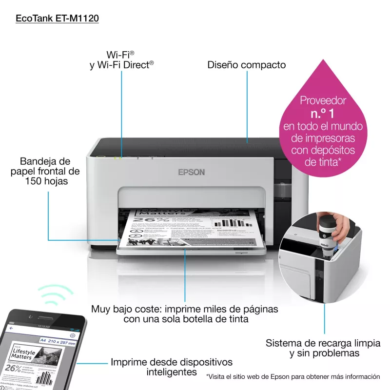 Rašalinis spausdintuvas Epson EcoTank ET-M1120 — nespalvotas, A4, 1440x720 DPI, Wi‑Fi, papildomas rašalo bakelis
