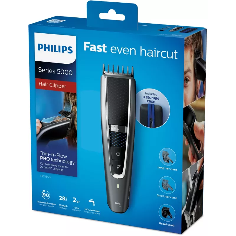 Philips 5000 serijos HC5650/15 plaukų kirpimo mašinėlė – belaidė, Li-Ion baterija, 90 min, 28 ilgio pakopos (0,5–28 mm), 41 mm nerūdijančio plieno peiliukas