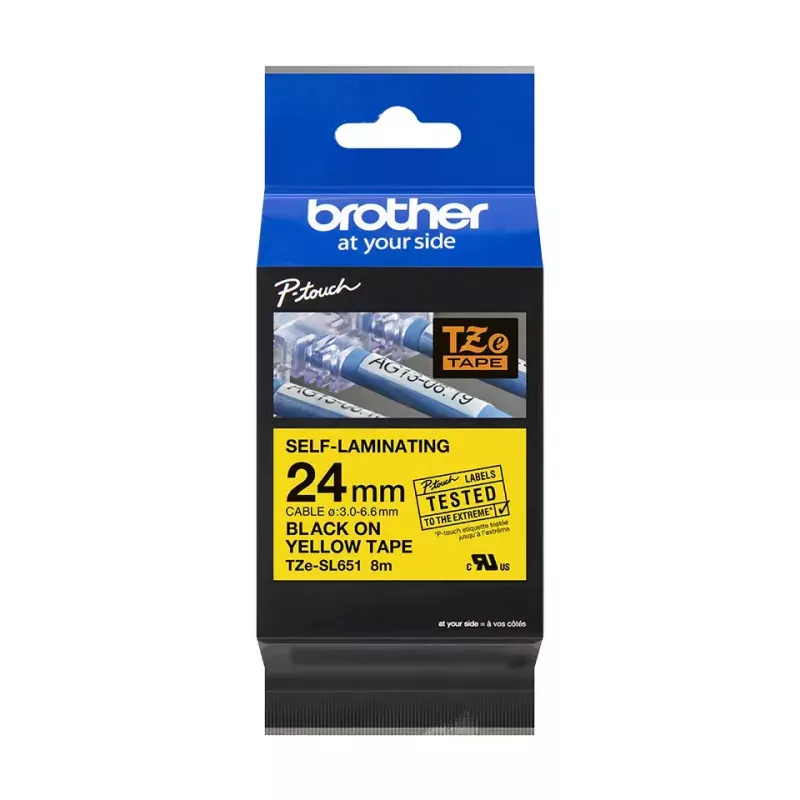 Brother TZe-SL651 lipni juosta kabeliams žymėti 24 mm juoda ant geltonos
