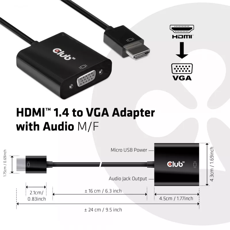 CLUB3D CAC-1302 vaizdo kabelio adapteris 0,5 m HDMI A tipo (standartinis) – VGA (D-Sub) juodas