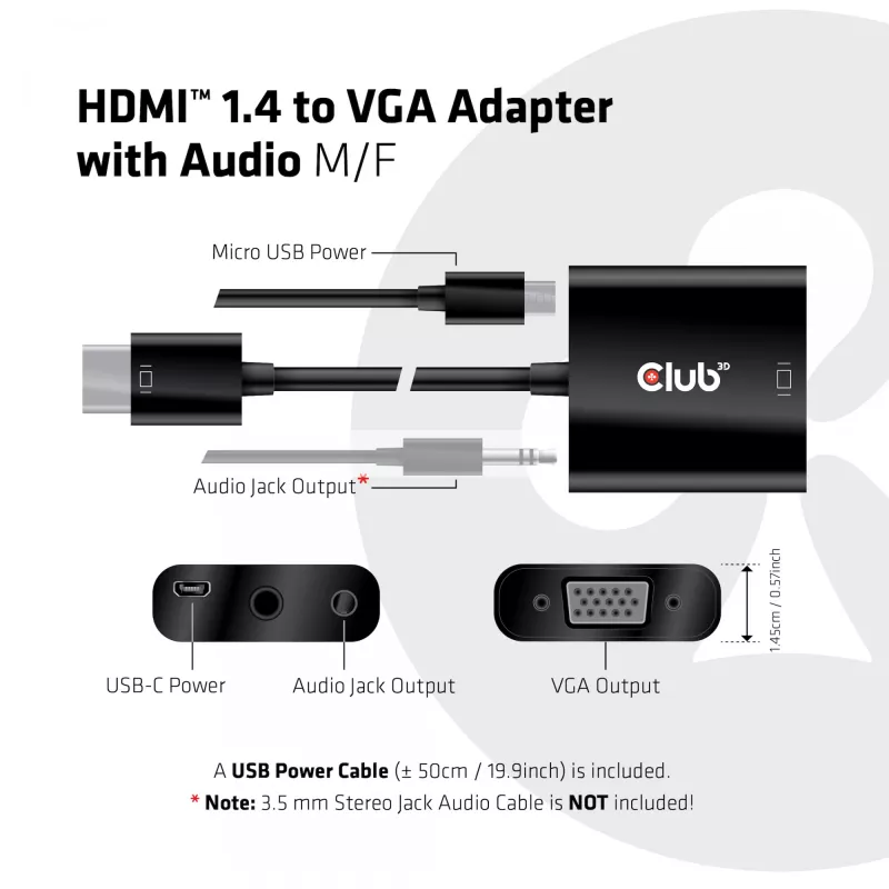 CLUB3D CAC-1302 vaizdo kabelio adapteris 0,5 m HDMI A tipo (standartinis) – VGA (D-Sub) juodas