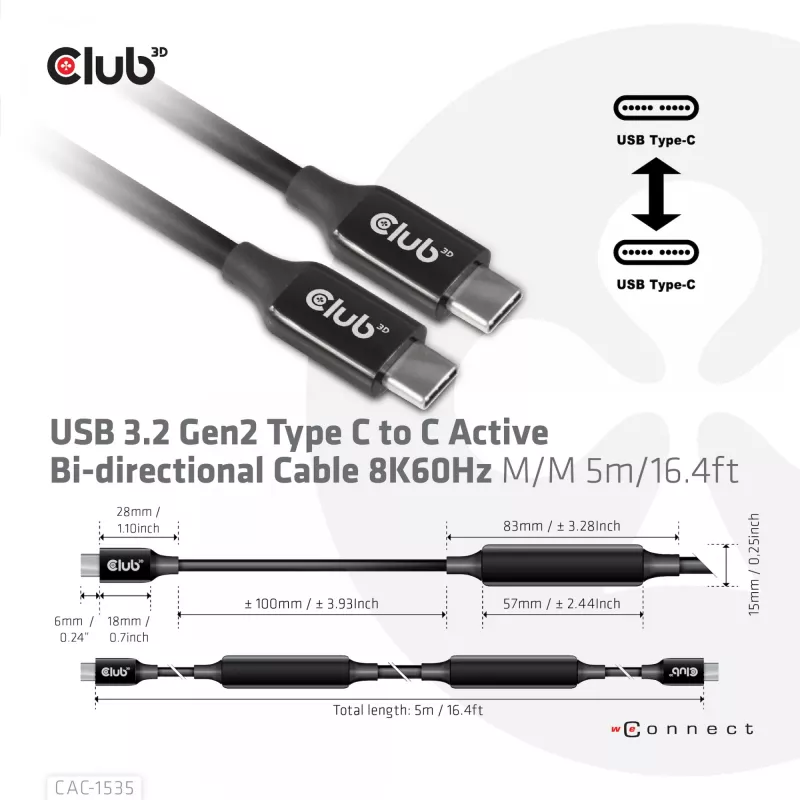 CLUB3D USB 3.2 Gen2 aktyvus bi-kryptinis laidas Type-C į Type-C 8K60Hz M/M 5m