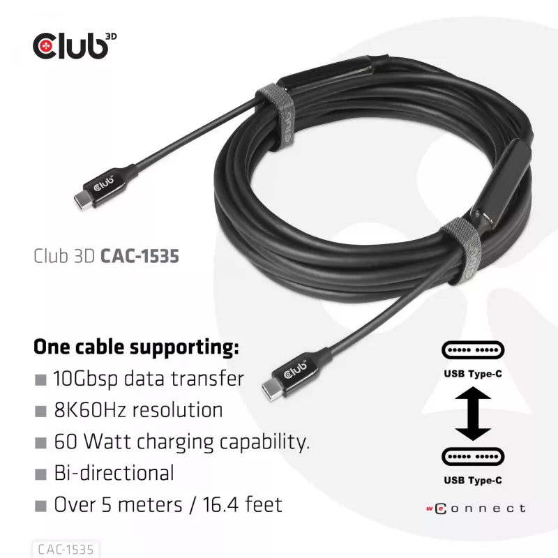 CLUB3D USB 3.2 Gen2 aktyvus bi-kryptinis laidas Type-C į Type-C 8K60Hz M/M 5m