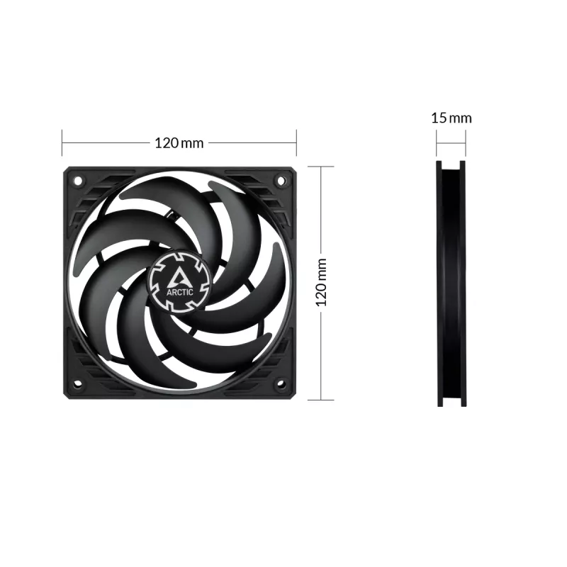 ARCTIC P12 Slim PWM PST – slėgiui optimizuotas 120 mm PWM ventiliatorius su integruotu Y-kabeliu