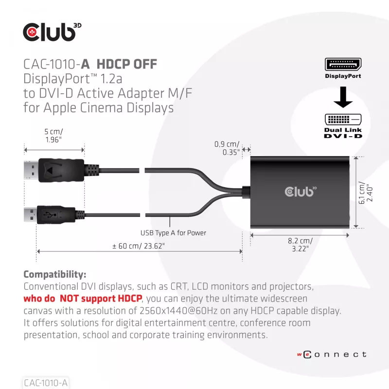 Club 3D CAC-1010-A aktyvusis DisplayPort – Dual Link DVI-D adapteris, DisplayPort 1.2a, USB maitinimas, HDCP OFF, 0,6 m, juodas