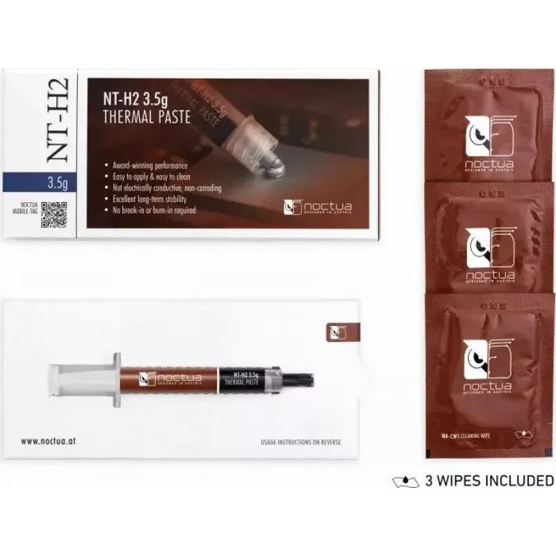 Termo pasta Noctua NT-H2 šilumą laidžios pastos junginys 3,5 g — pilka, darbinė temperatūra -50–200 °C, tankis 2,81 g/cm³, tūris 1,2 ml