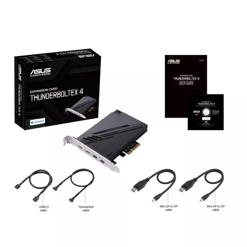 ASUS ThunderboltEX 4 – PCIe sąsajos plokštė su Thunderbolt 4, USB-C 100 W įkrovimu ir Mini DisplayPort