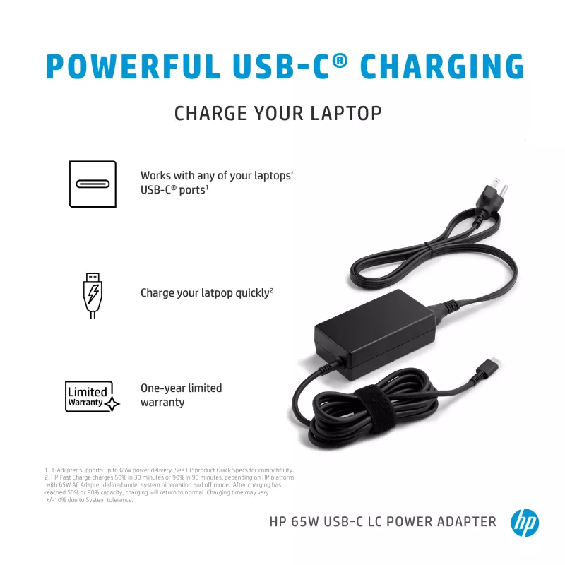 HP 65W USB-C LC maitinimo adapteris, nešiojamam kompiuteriui, vidaus, 65 W, AC į DC, HP, verslui