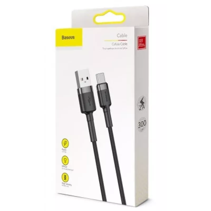 BASEUS Braided Cafule greito įkrovimo laidas USB-A į USB-C 2A 3m pilka/juoda (nailoninis)