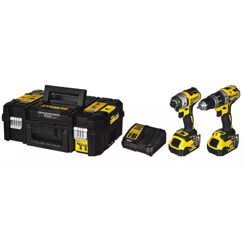 Belaidžių įrankių rinkinys DeWalt DCK266P2T — 18V, 2×5.0Ah akumuliatoriai, atraminis gręžtuvas ir kombinuotas gręžtuvas, įkroviklis, dėklas
