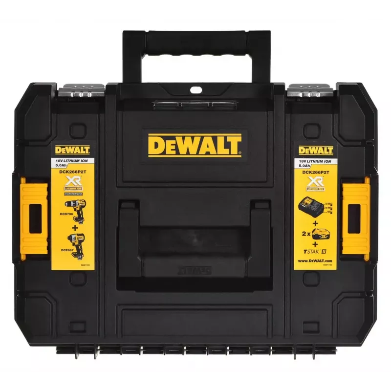 Belaidžių įrankių rinkinys DeWalt DCK266P2T — 18V, 2×5.0Ah akumuliatoriai, atraminis gręžtuvas ir kombinuotas gręžtuvas, įkroviklis, dėklas