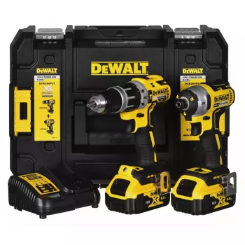Belaidžių įrankių rinkinys DeWalt DCK266P2T — 18V, 2×5.0Ah akumuliatoriai, atraminis gręžtuvas ir kombinuotas gręžtuvas, įkroviklis, dėklas