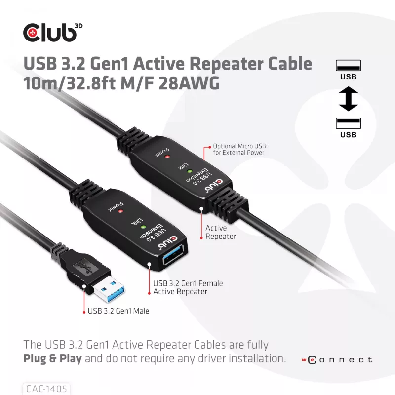 CLUB3D USB 3.2 Gen1 aktyvus kartotuvinis kabelis 10 m / 32,8 pėdų M/F 28AWG