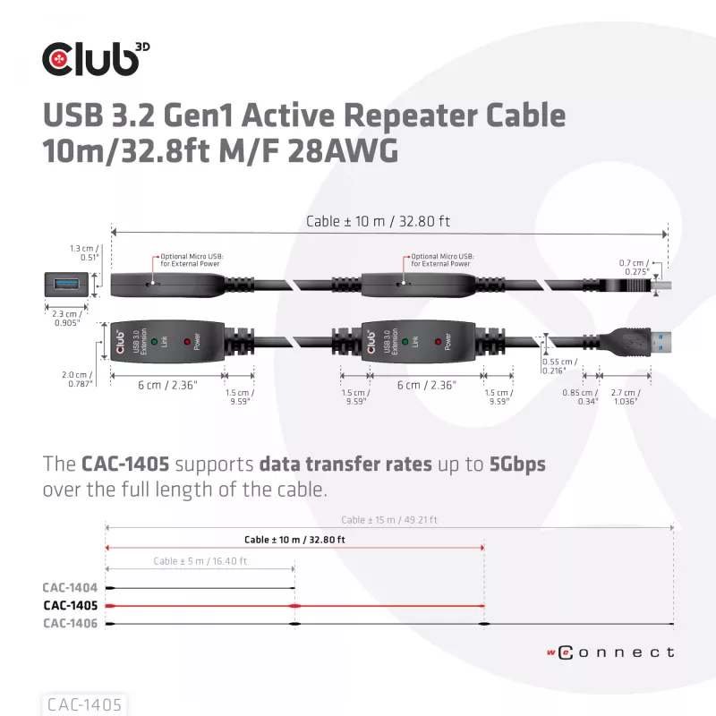 CLUB3D USB 3.2 Gen1 aktyvus kartotuvinis kabelis 10 m / 32,8 pėdų M/F 28AWG