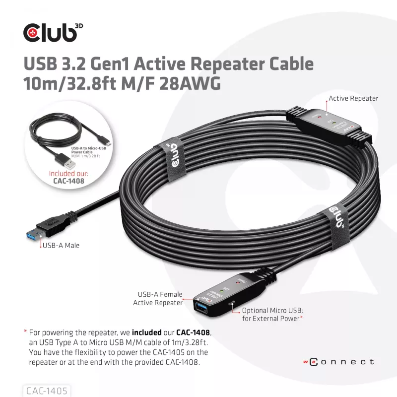 CLUB3D USB 3.2 Gen1 aktyvus kartotuvinis kabelis 10 m / 32,8 pėdų M/F 28AWG