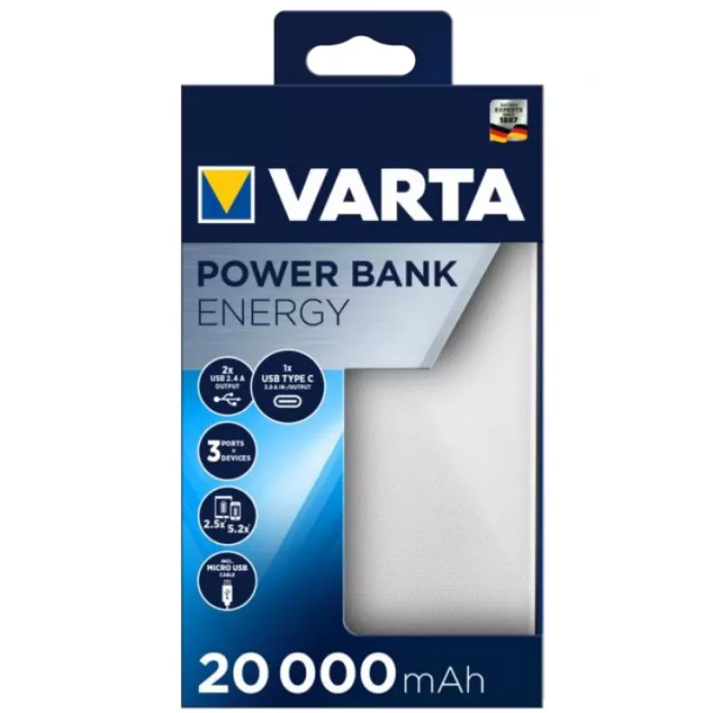 Nešiojamas maitinimo bankas VARTA Energy 20000, 20000 mAh, 2×USB-A, 1×USB-C