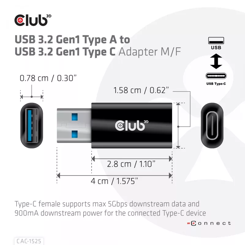 CLUB3D USB 3.2 Gen1 Type A į USB 3.2 Gen1 Type C adapteris M/F