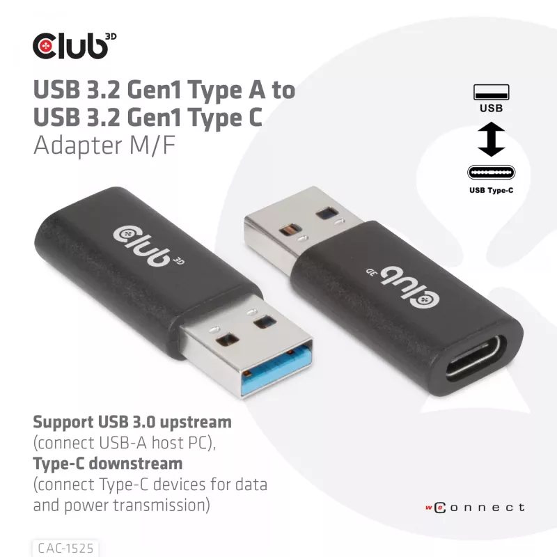 CLUB3D USB 3.2 Gen1 Type A į USB 3.2 Gen1 Type C adapteris M/F