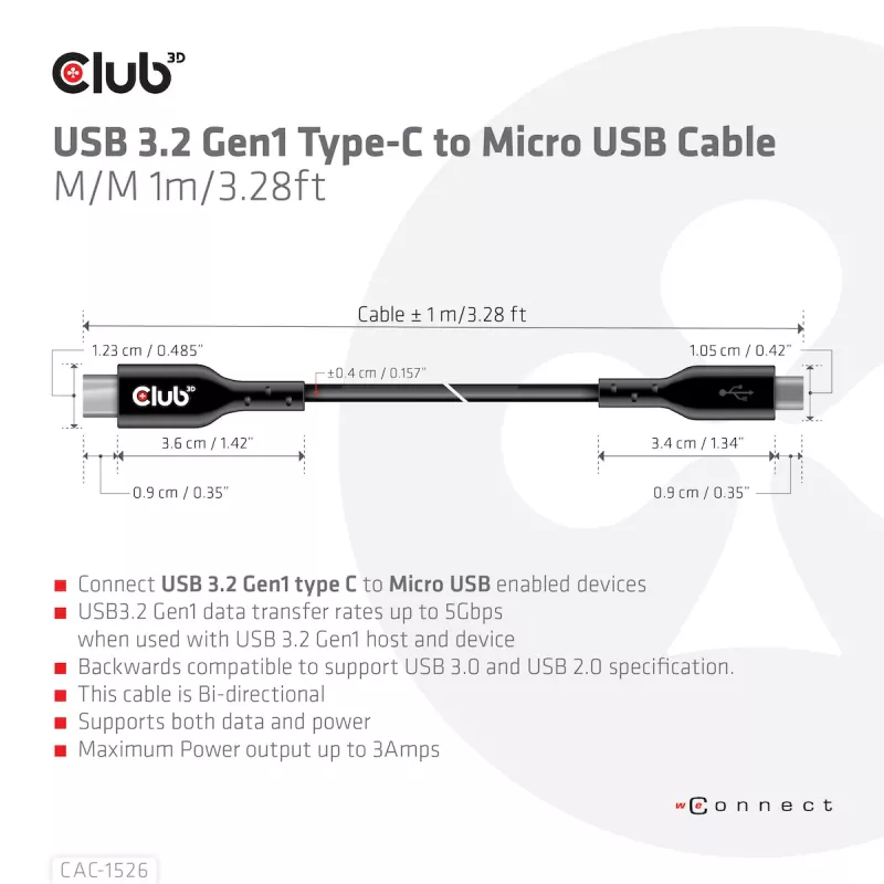 CLUB3D USB 3.2 Gen1 Type-C į Micro USB laidas M/M 1m /3.28ft
