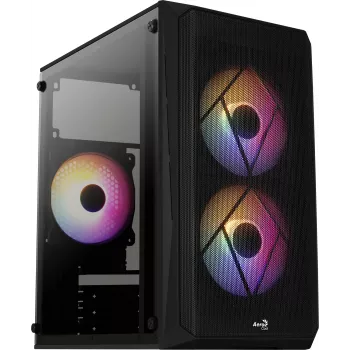Kompiuterio korpusas AEROCOOL CS107V2 Mini Tower — Juodas, microATX/Mini-ITX, 2x120mm ventiliatoriai, 1x3.5 colio + 2x2.5 colio lizdai
