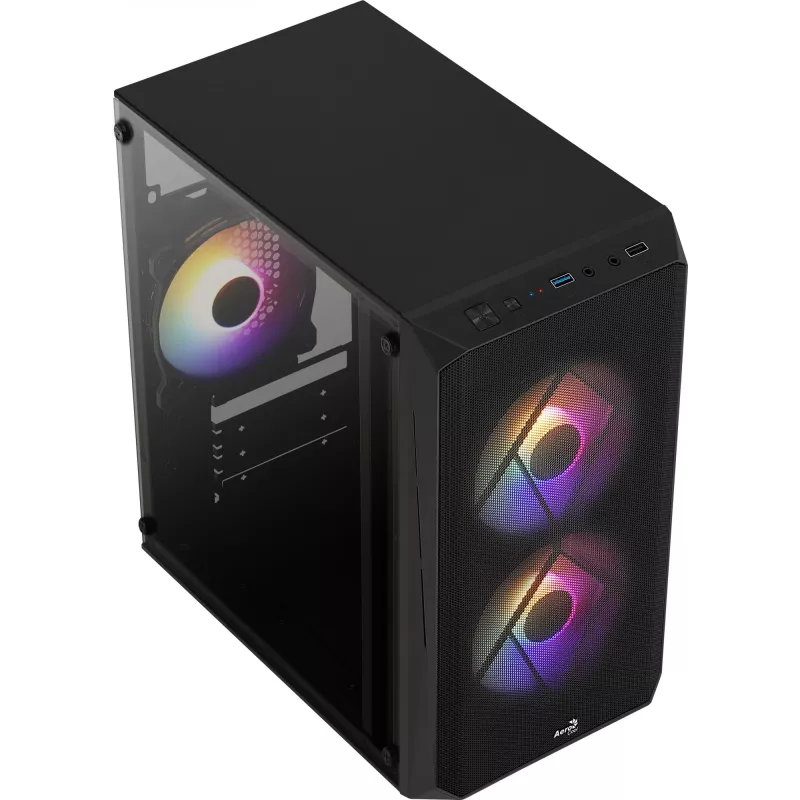 Kompiuterio korpusas AEROCOOL CS107V2 Mini Tower — Juodas, microATX/Mini-ITX, 2x120mm ventiliatoriai, 1x3.5 colio + 2x2.5 colio lizdai