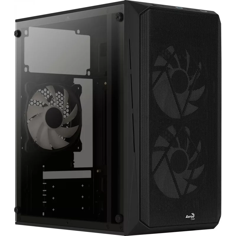 Kompiuterio korpusas AEROCOOL CS107V2 Mini Tower — Juodas, microATX/Mini-ITX, 2x120mm ventiliatoriai, 1x3.5 colio + 2x2.5 colio lizdai