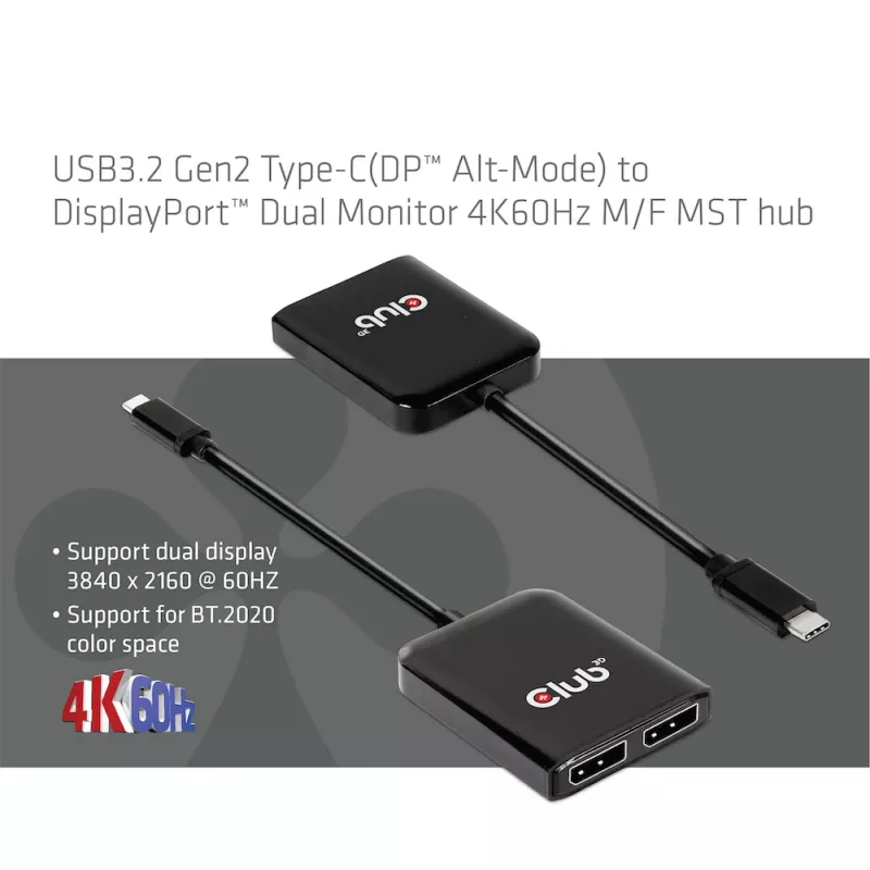 CLUB3D USB3.2 Gen2 Type-C (DP™ Alt-Mode) į DisplayPort™ dviejų monitorių 4K60Hz M/F MST šakotuvas