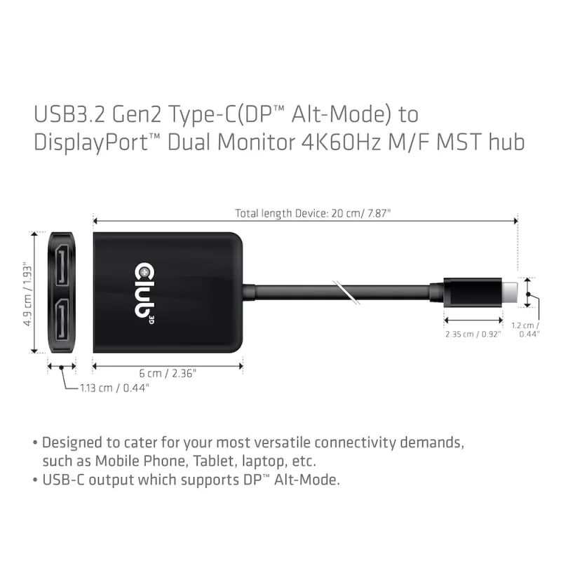 CLUB3D USB3.2 Gen2 Type-C (DP™ Alt-Mode) į DisplayPort™ dviejų monitorių 4K60Hz M/F MST šakotuvas