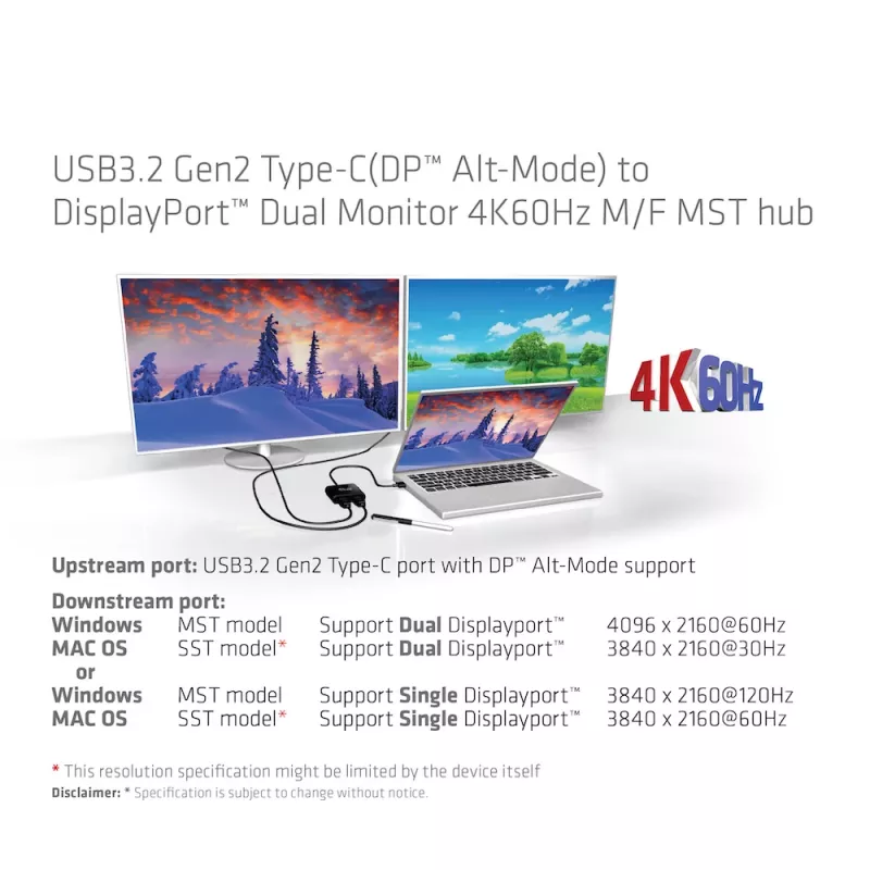 CLUB3D USB3.2 Gen2 Type-C (DP™ Alt-Mode) į DisplayPort™ dviejų monitorių 4K60Hz M/F MST šakotuvas