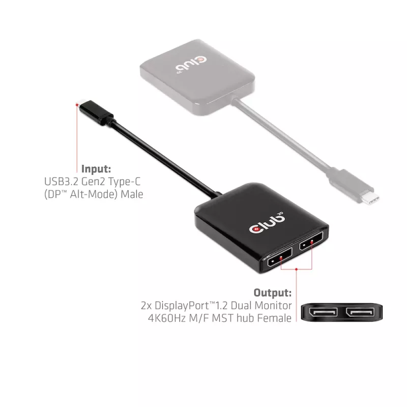 CLUB3D USB3.2 Gen2 Type-C (DP™ Alt-Mode) į DisplayPort™ dviejų monitorių 4K60Hz M/F MST šakotuvas