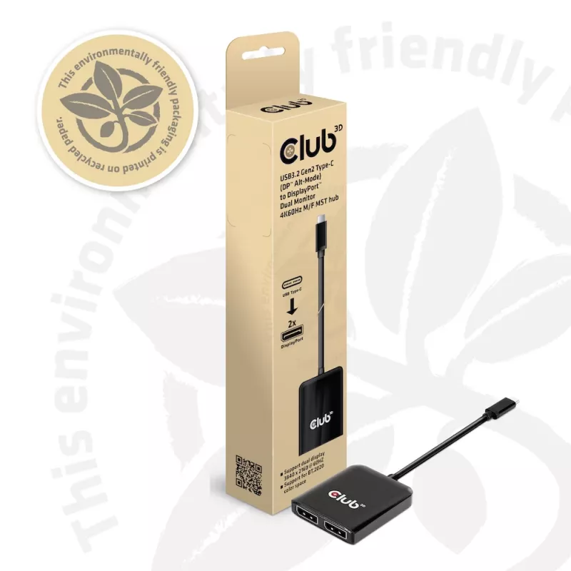 CLUB3D USB3.2 Gen2 Type-C (DP™ Alt-Mode) į DisplayPort™ dviejų monitorių 4K60Hz M/F MST šakotuvas