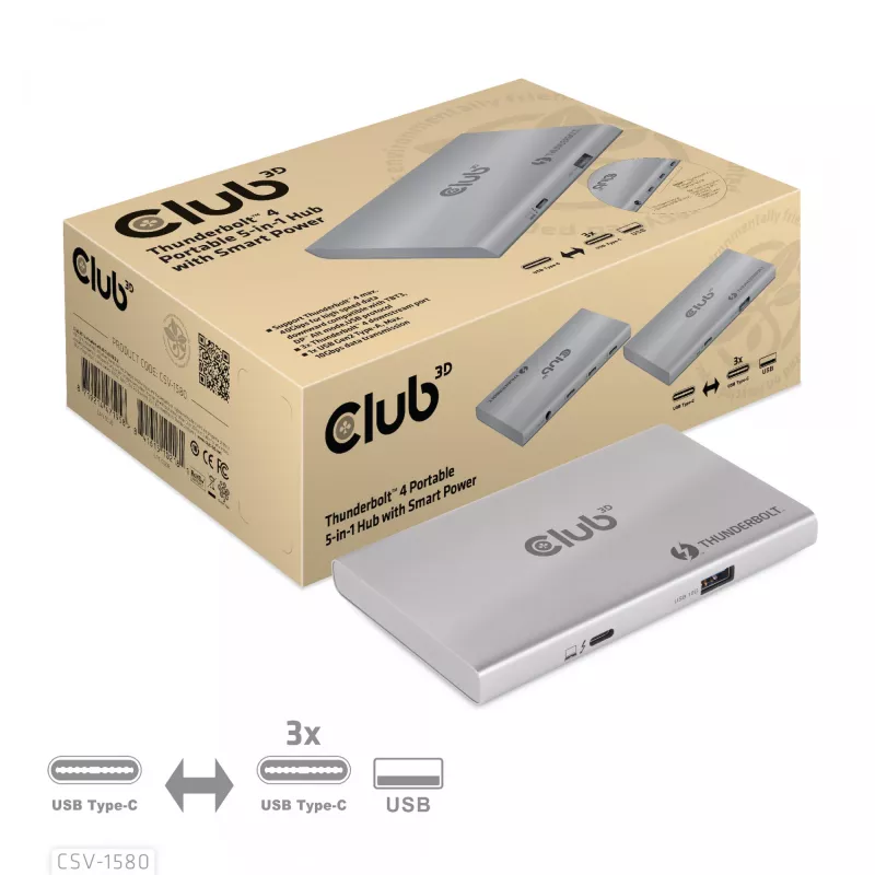 CLUB3D CSV-1580 Sertifikuotas Thunderbolt™ 4 nešiojamas 5-in-1 centras su išmaniuoju maitinimu