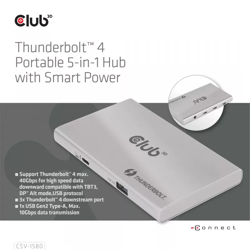 CLUB3D CSV-1580 Sertifikuotas Thunderbolt™ 4 nešiojamas 5-in-1 centras su išmaniuoju maitinimu