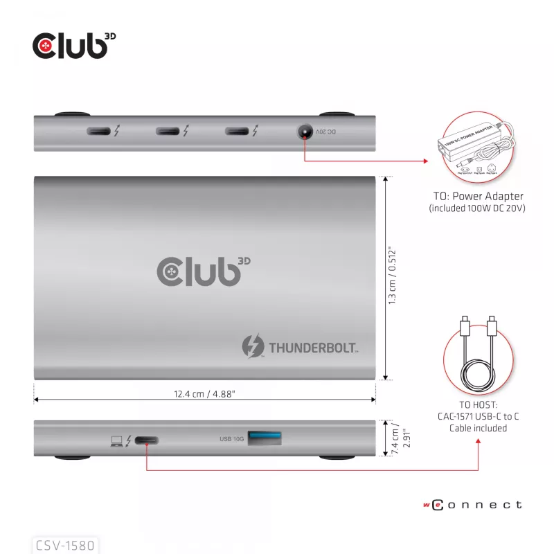 CLUB3D CSV-1580 Sertifikuotas Thunderbolt™ 4 nešiojamas 5-in-1 centras su išmaniuoju maitinimu