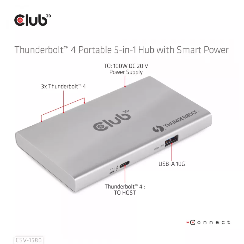 CLUB3D CSV-1580 Sertifikuotas Thunderbolt™ 4 nešiojamas 5-in-1 centras su išmaniuoju maitinimu