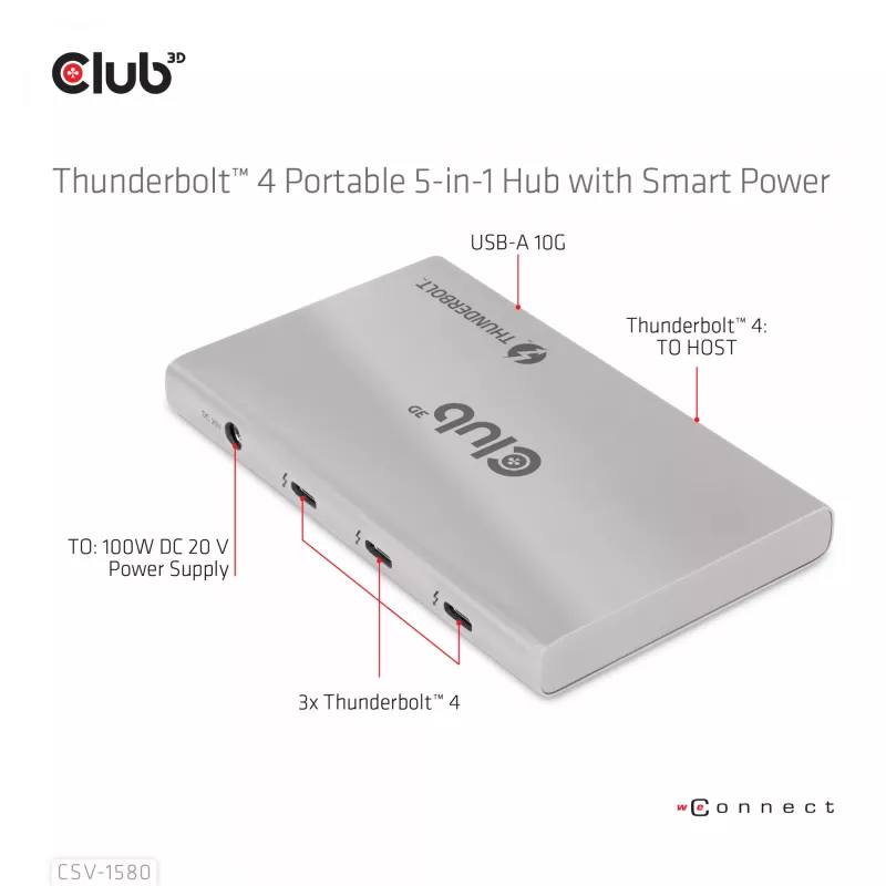 CLUB3D CSV-1580 Sertifikuotas Thunderbolt™ 4 nešiojamas 5-in-1 centras su išmaniuoju maitinimu