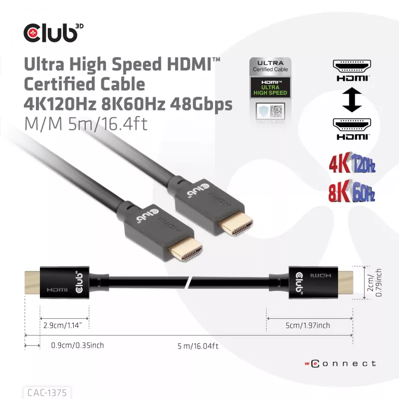 CLUB3D Ultra High Speed HDMI™ Sertifikuotas Laidas 4K120Hz 8K60Hz 48Gbps M/M 5m/16.4ft