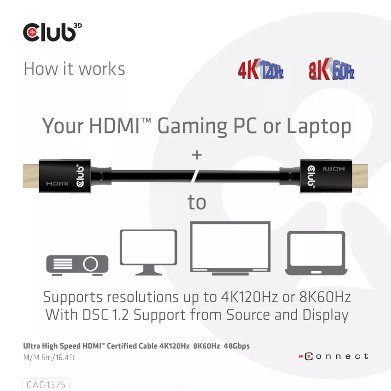 CLUB3D Ultra High Speed HDMI™ Sertifikuotas Laidas 4K120Hz 8K60Hz 48Gbps M/M 5m/16.4ft
