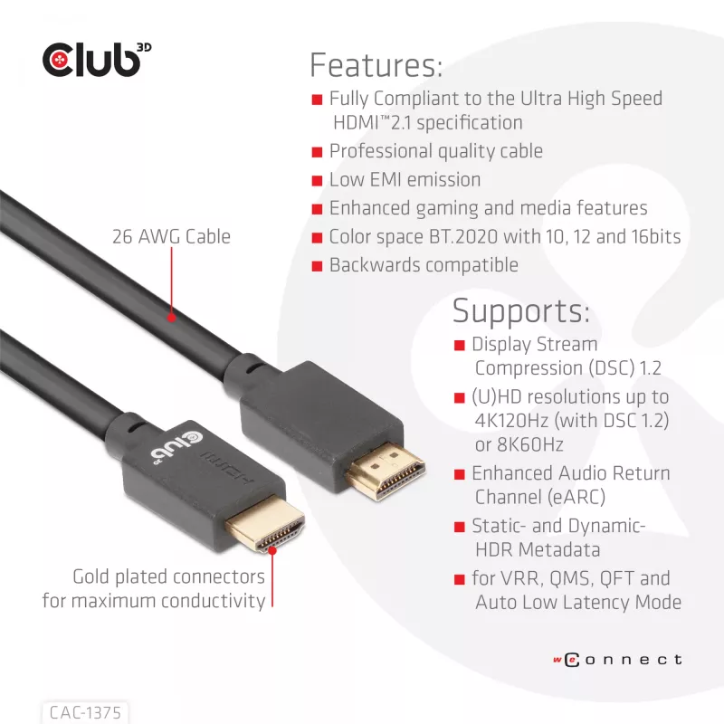CLUB3D Ultra High Speed HDMI™ Sertifikuotas Laidas 4K120Hz 8K60Hz 48Gbps M/M 5m/16.4ft