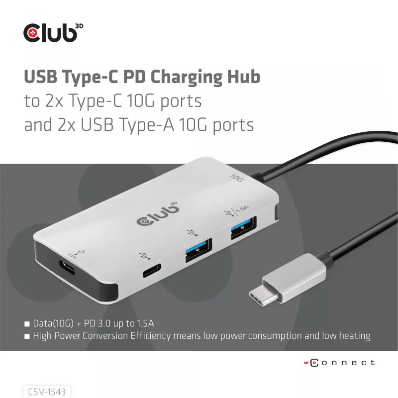 CLUB3D CSV-1543 USB Gen2 Type-C PD įkrovimo stotelė į 2x Type-C 10G ir 2x USB Type-A 10G prievadus